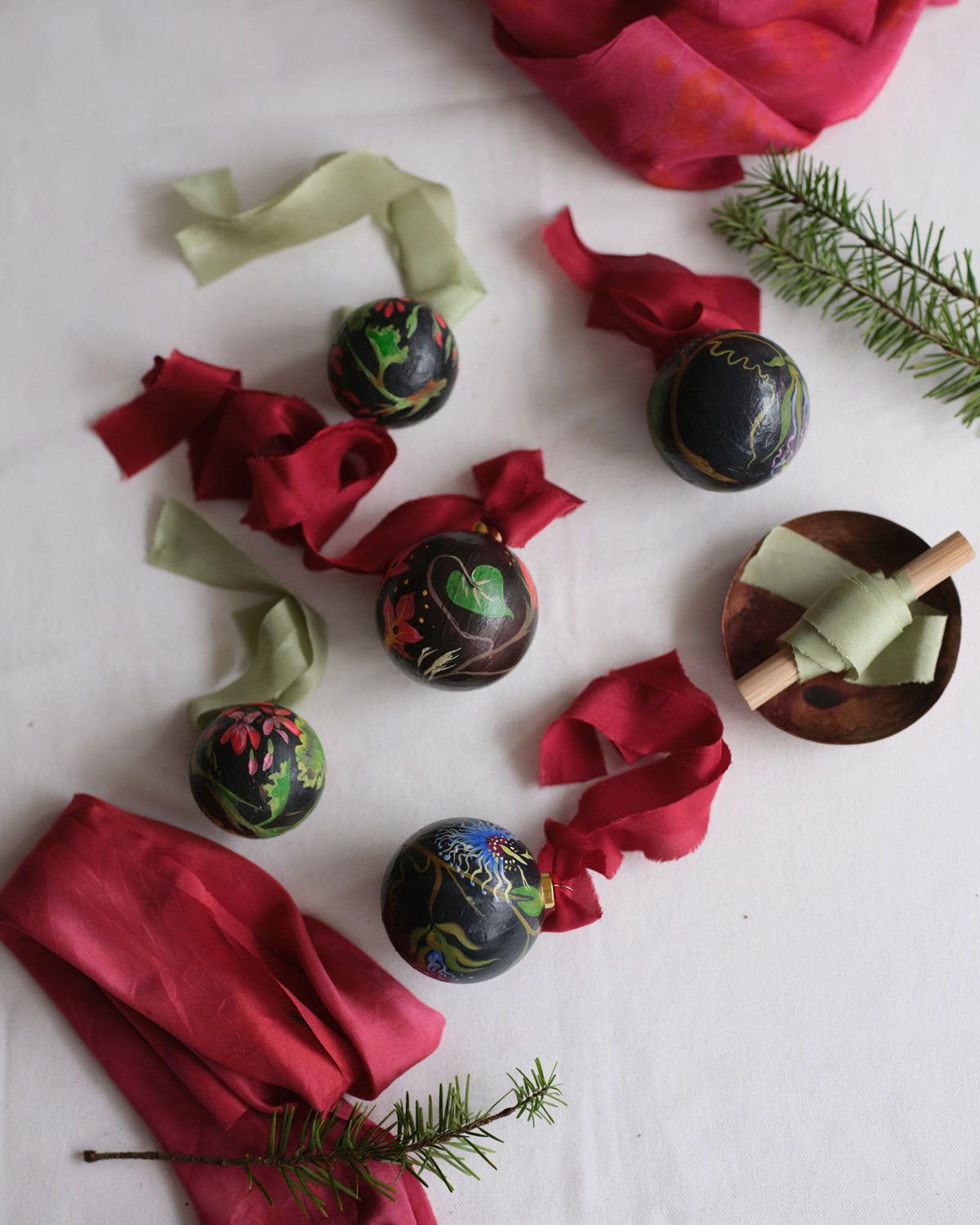 Set of 6 Medium Hand Painted Paper Baubles with Silk Ribbon