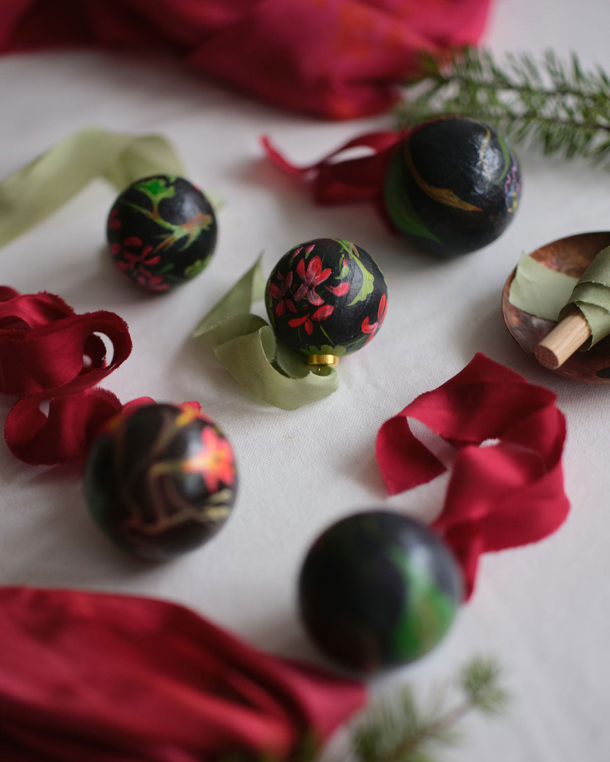 Set of 6 Small Hand Painted Paper Baubles with Silk Ribbon