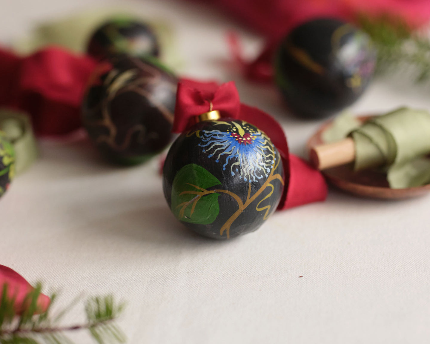 Set of 4 Large Hand Painted Paper Baubles with Silk Ribbon